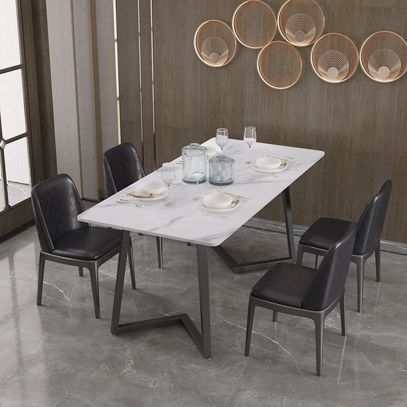 Modern Rectangle Stone Table for Restaurant Balck Metal Pedestal Dining Table