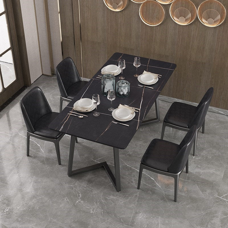 Modern Rectangle Stone Table for Restaurant Balck Metal Pedestal Dining Table