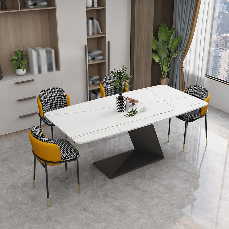 Stone Top Rectangle Dinner Table Modern Iron Pedestal Casual Dining Table
