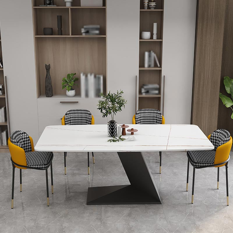 Stone Top Rectangle Dinner Table Modern Iron Pedestal Casual Dining Table