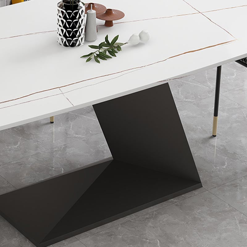Stone Top Rectangle Dinner Table Modern Iron Pedestal Casual Dining Table