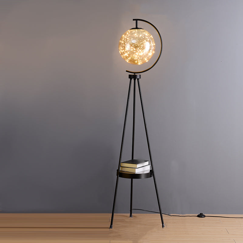 Nordic Style Metal Floor Lamp Tripod Shape LED Floor Light with Glass Shade for Bedroom