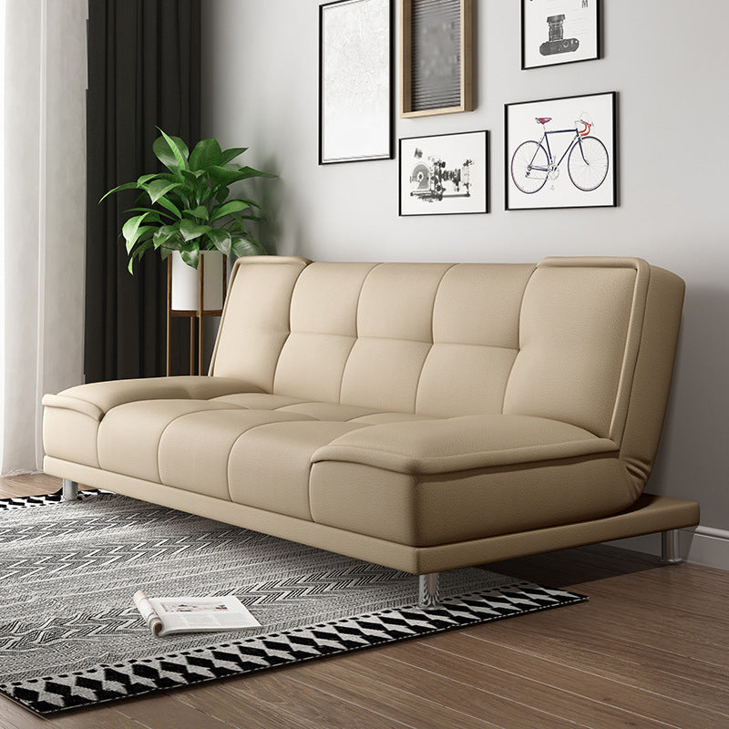 Linen and Faux Leather Sofa Couch Armless Biscuit Back Settee Couch