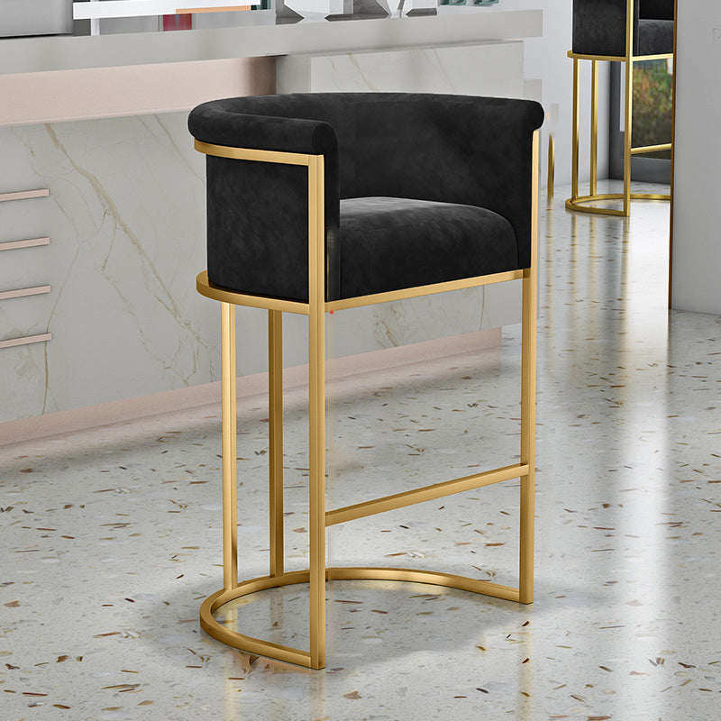 Glam Backrest Armrest Counter Stool Iron Cafe Bar Stool with Velvet Cushion and Pedal