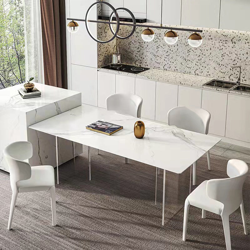 Modern White Dining Room Table Rectangle Acrylic and Stone Double Pedestal Table