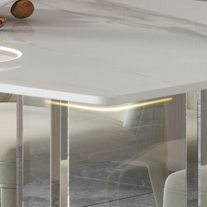 Modern White Dining Room Table Rectangle Acrylic and Stone Double Pedestal Table