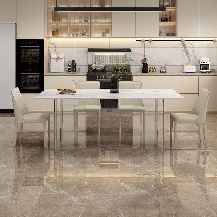 Modern White Dining Room Table Rectangle Acrylic and Stone Double Pedestal Table