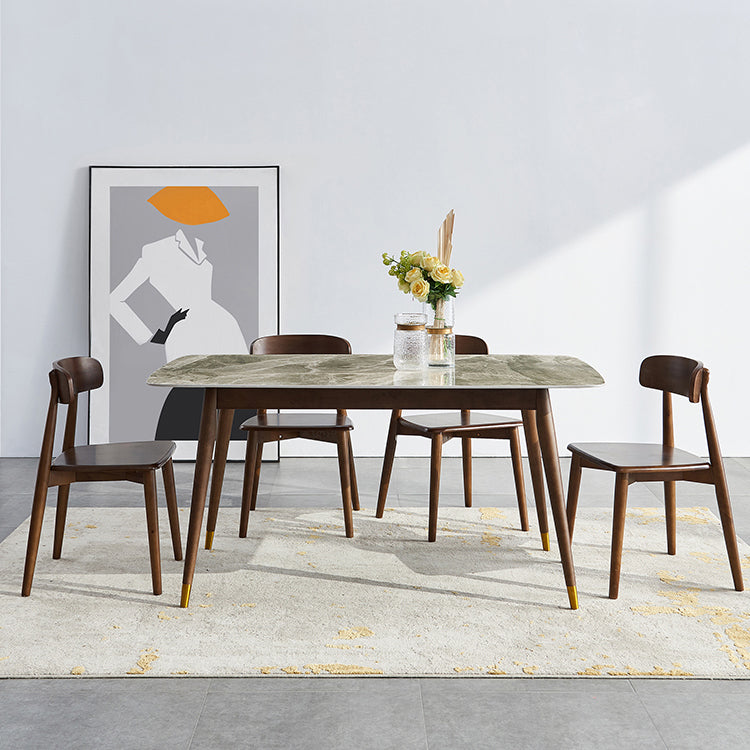 Solid Wood Contemporary Rectangular Dining Table Sintered Stone Top Table with Wood Legs
