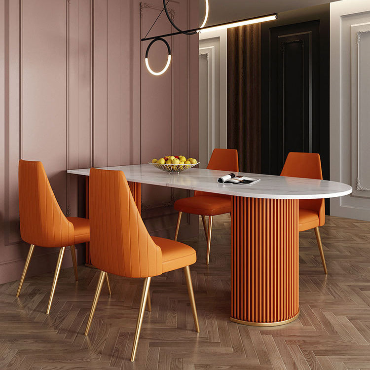 Metal Traditional Luxury Dining Table Free Form Sintered Stone Table with Double Pedestal