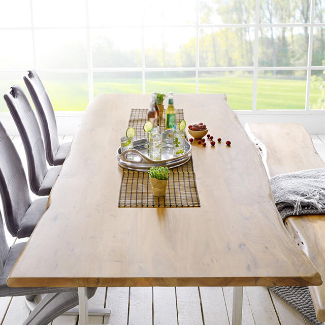 Modern Pine Wood Table for Restaurant Rectangle Dining Table with Silver Double Pedestal
