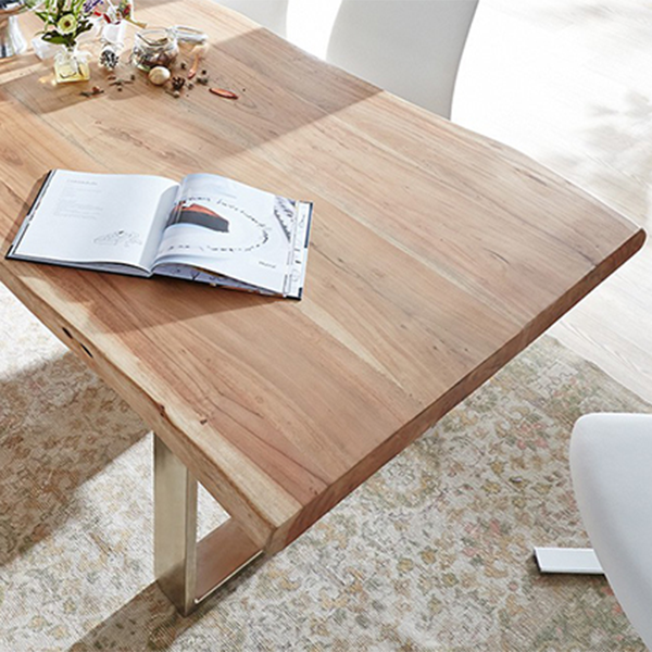 Modern Pine Wood Table for Restaurant Rectangle Dining Table with Silver Double Pedestal