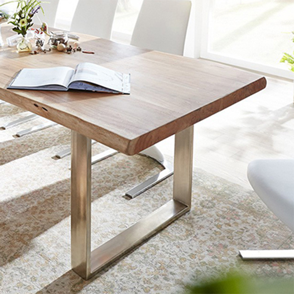 Modern Pine Wood Table for Restaurant Rectangle Dining Table with Silver Double Pedestal