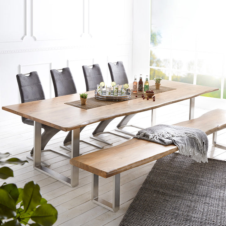Modern Pine Wood Table for Restaurant Rectangle Dining Table with Silver Double Pedestal