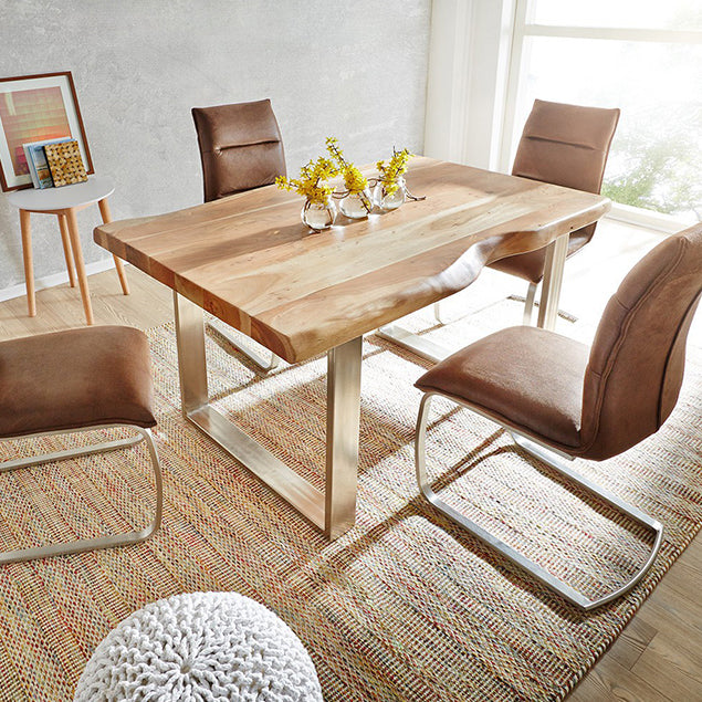 Modern Pine Wood Table for Restaurant Rectangle Dining Table with Silver Double Pedestal