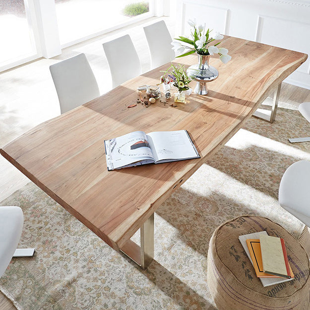 Modern Pine Wood Table for Restaurant Rectangle Dining Table with Silver Double Pedestal