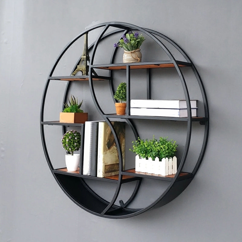 Modern Wall Mounted Bookshelf with Metal Frame Solid Wood Bookcase