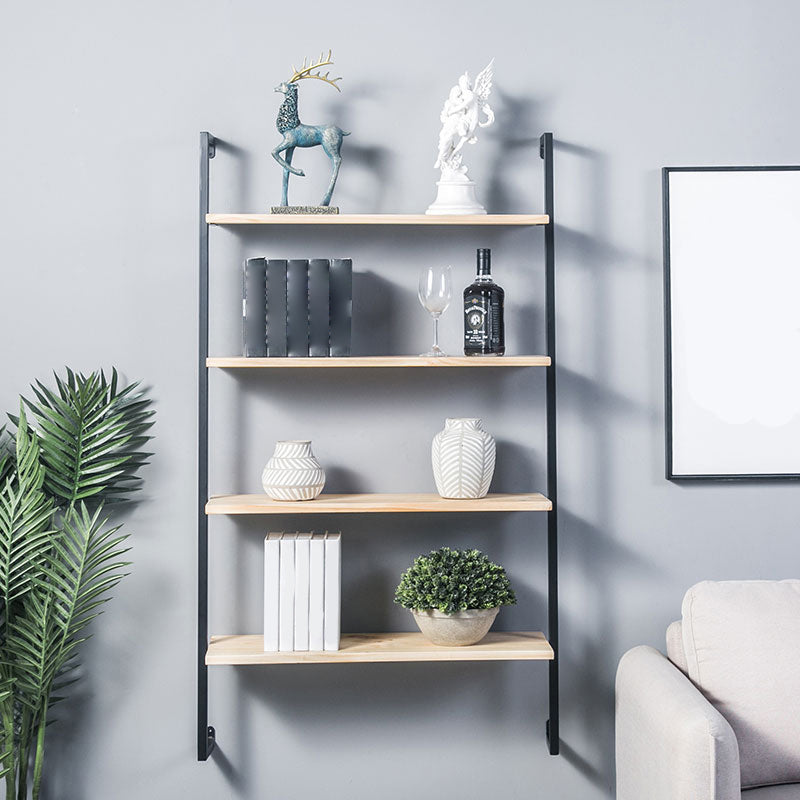 Contemporary Wall Unit Bookcase Metal Frame Pine Wood Shelf Bookshelf