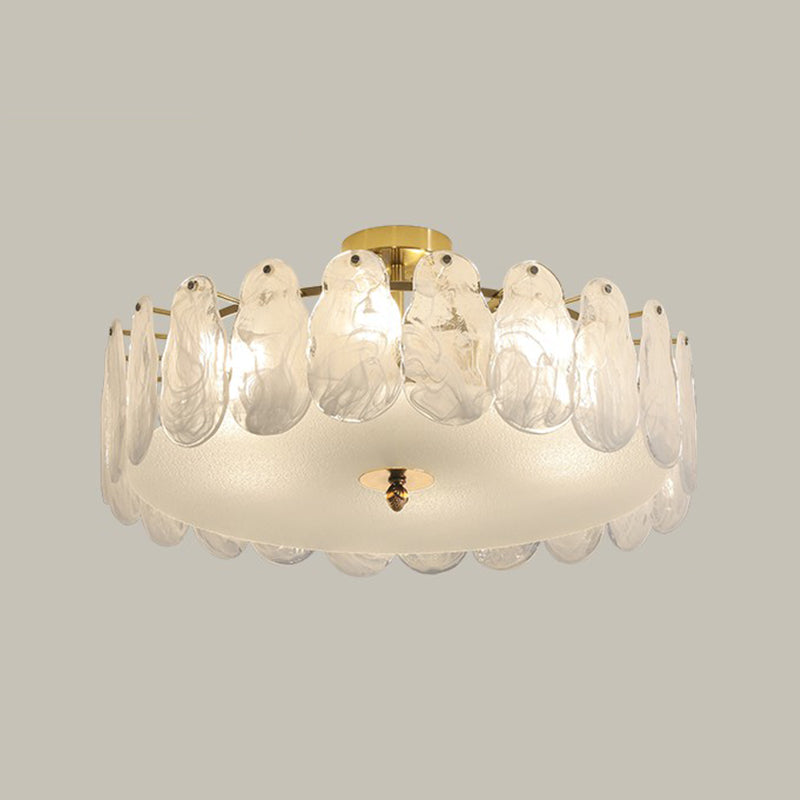 Gold Metal Semi Flush Mount Light Fixture Traditional Drum Bedroom Semi Flush Lamps with Glass Shade