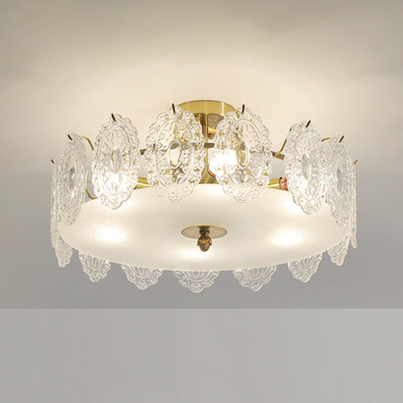 Gold Metal Semi Flush Mount Light Fixture Traditional Drum Bedroom Semi Flush Lamps with Glass Shade
