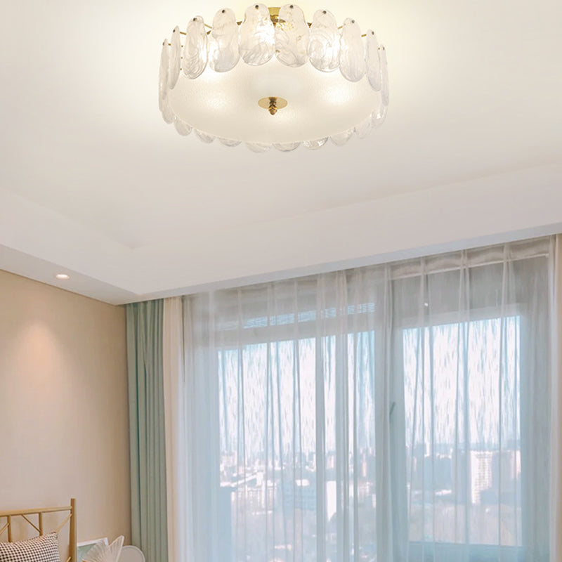 Gold Metal Semi Flush Mount Light Fixture Traditional Drum Bedroom Semi Flush Lamps with Glass Shade