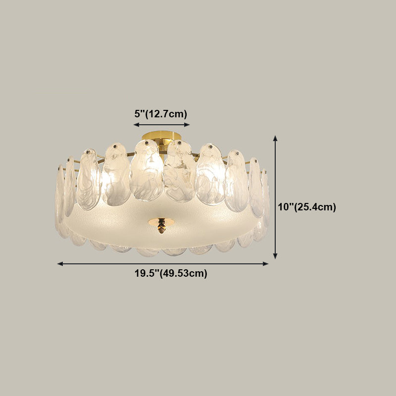 Gold Metal Semi Flush Mount Light Fixture Traditional Drum Bedroom Semi Flush Lamps with Glass Shade