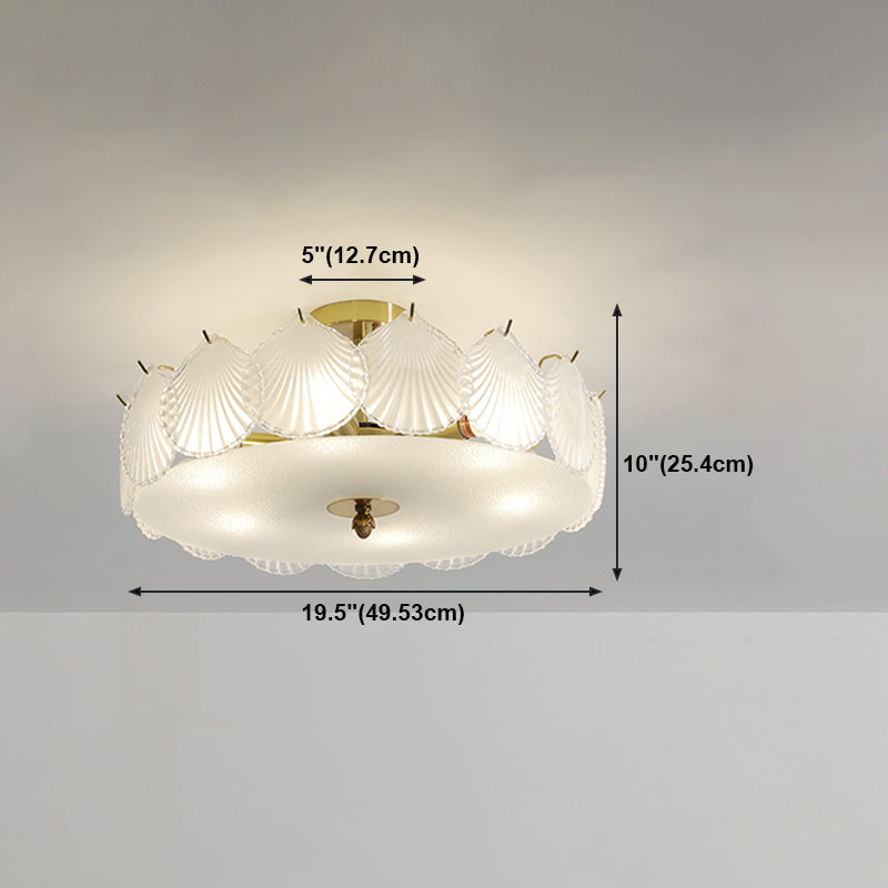 Gold Metal Semi Flush Mount Light Fixture Traditional Drum Bedroom Semi Flush Lamps with Glass Shade