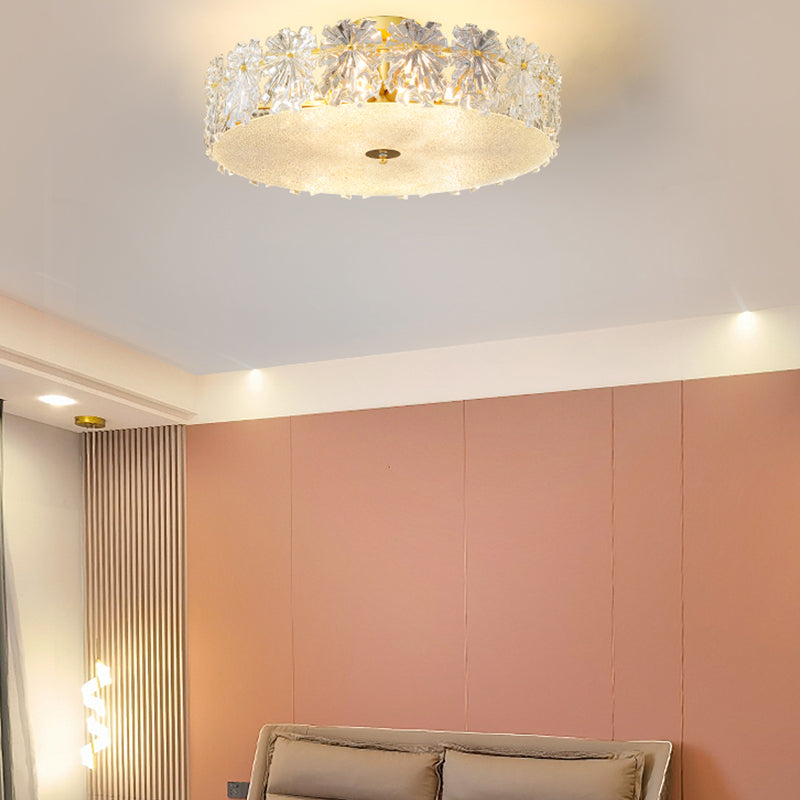 Gold Metal Flush Mount Light Fixtures Traditional Drum Semi Flush Ceiling Lamps with Glass Shade