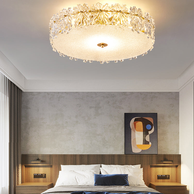 Gold Metal Flush Mount Light Fixtures Traditional Drum Semi Flush Ceiling Lamps with Glass Shade