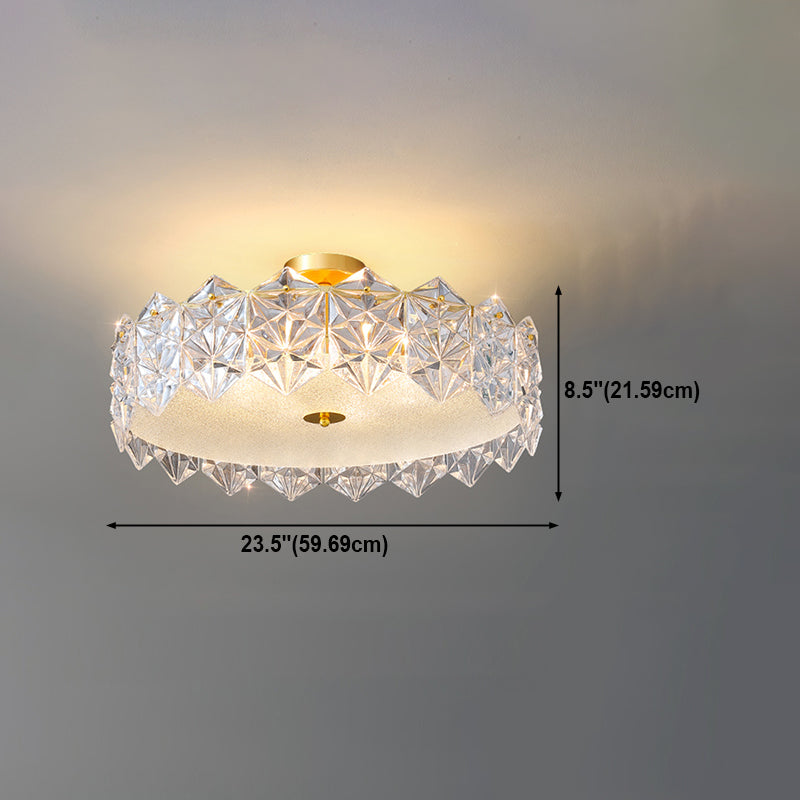 Gold Metal Flush Mount Light Fixtures Traditional Drum Semi Flush Ceiling Lamps with Glass Shade