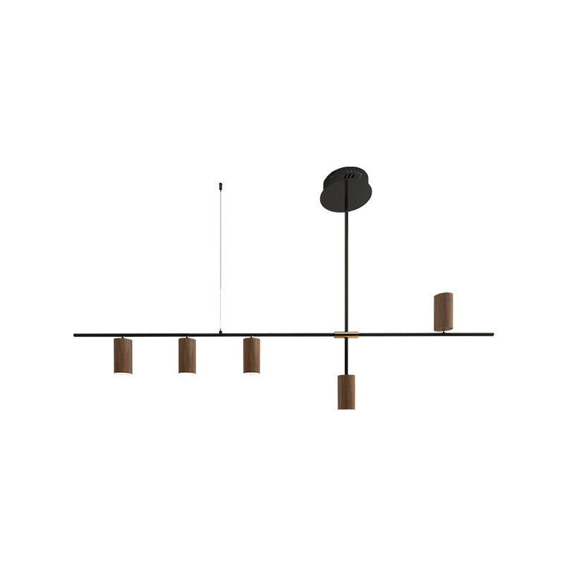 Modern Metal Island Lights Multi-Head Restaurant Hanging Lamp with Cylinder Walnut Shade