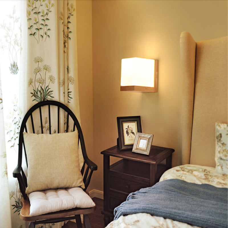 Nordic Style Wood Wall Light Geometric Shape Wall Sconce with Glass for Living Room