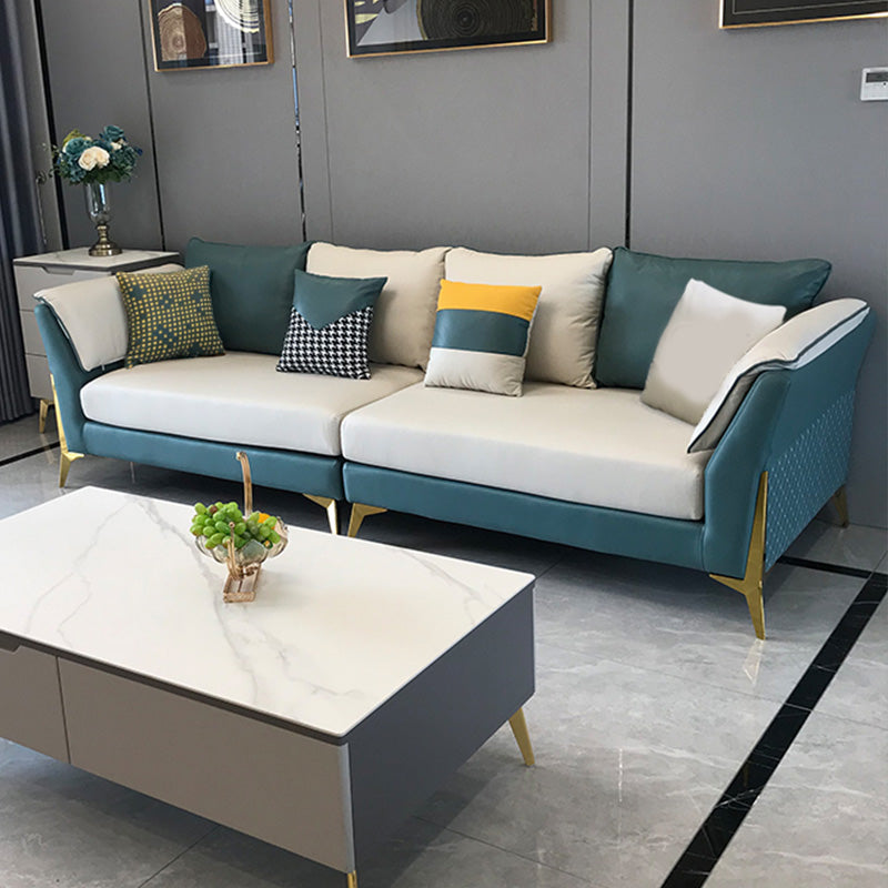Blue and Cream Faux Leather Sectional Waterproof Sofa with Removable Cushions