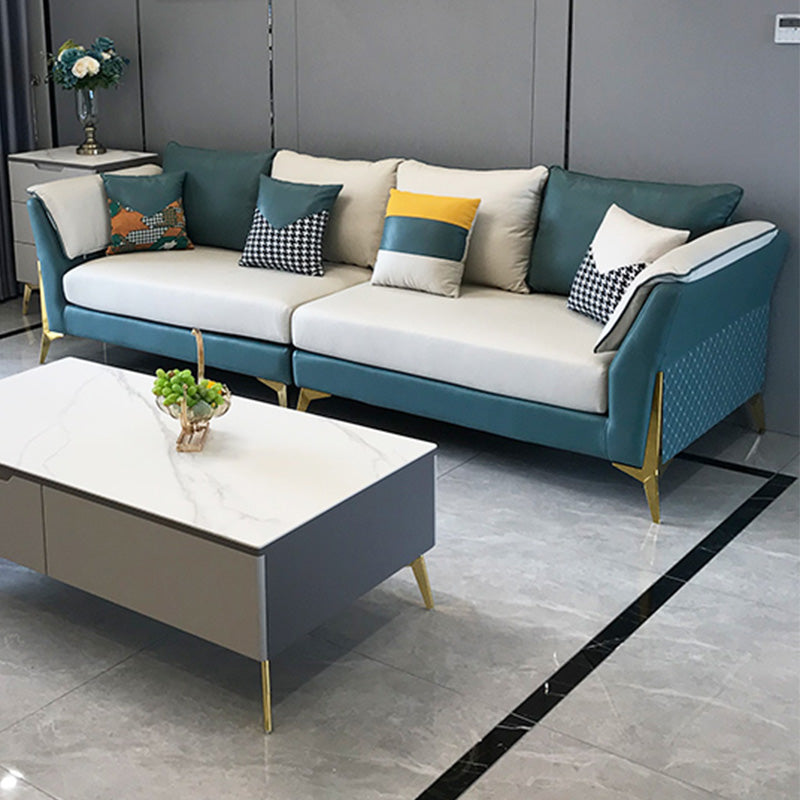 Blue and Cream Faux Leather Sectional Waterproof Sofa with Removable Cushions