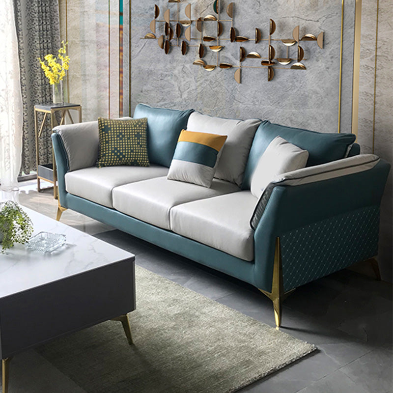 Blue and Cream Faux Leather Sectional Waterproof Sofa with Removable Cushions