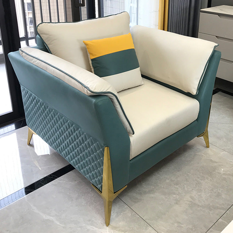 Blue and Cream Faux Leather Sectional Waterproof Sofa with Removable Cushions