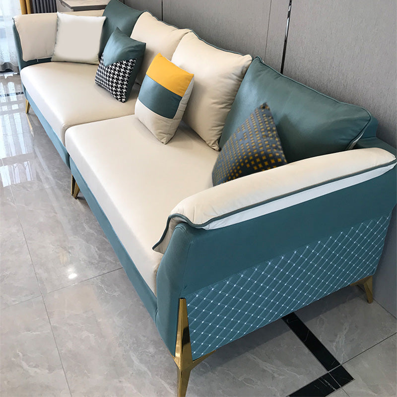 Blue and Cream Faux Leather Sectional Waterproof Sofa with Removable Cushions