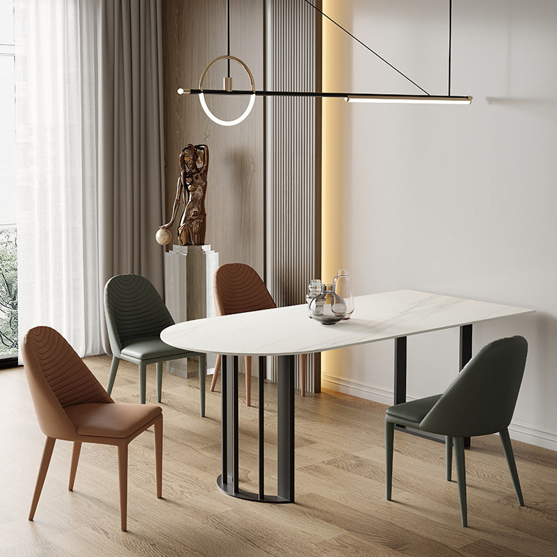 Living Room Simple Stone Table White Oval Table with Metal Pedestal