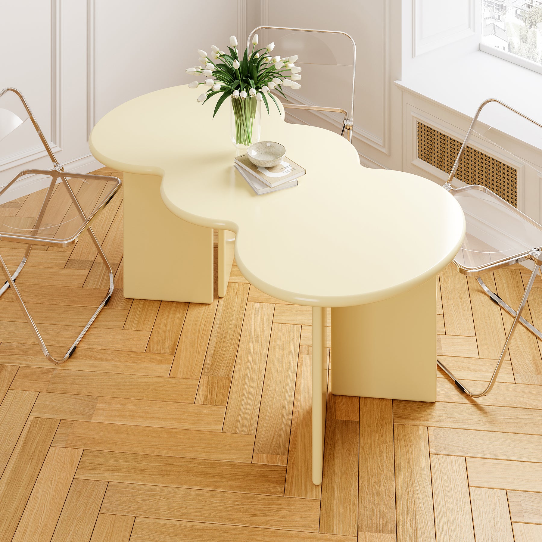 Free Form Solid Wood Dining Table Double Pedestal Furniture in Matte Finish