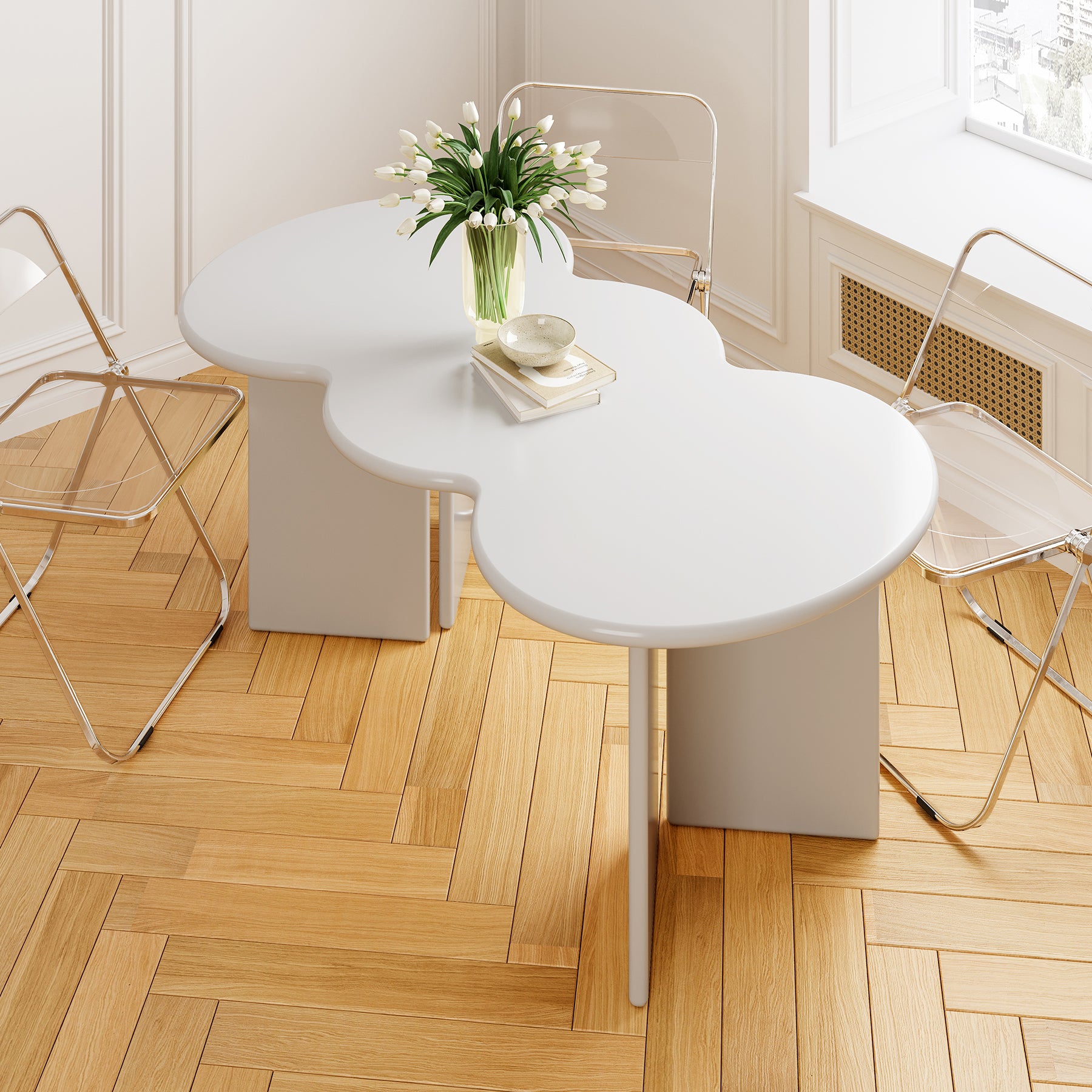 Free Form Solid Wood Dining Table Double Pedestal Furniture in Matte Finish