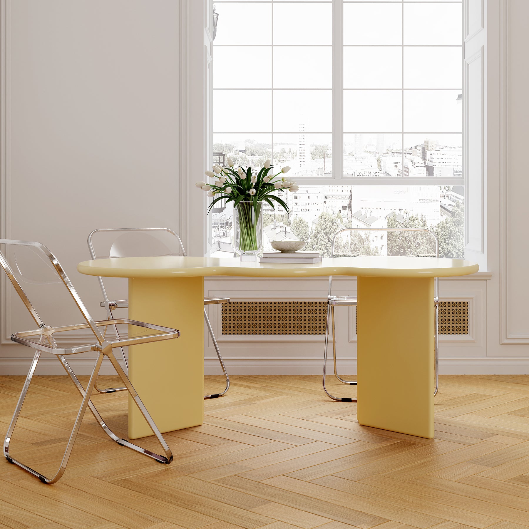 Free Form Solid Wood Dining Table Double Pedestal Furniture in Matte Finish