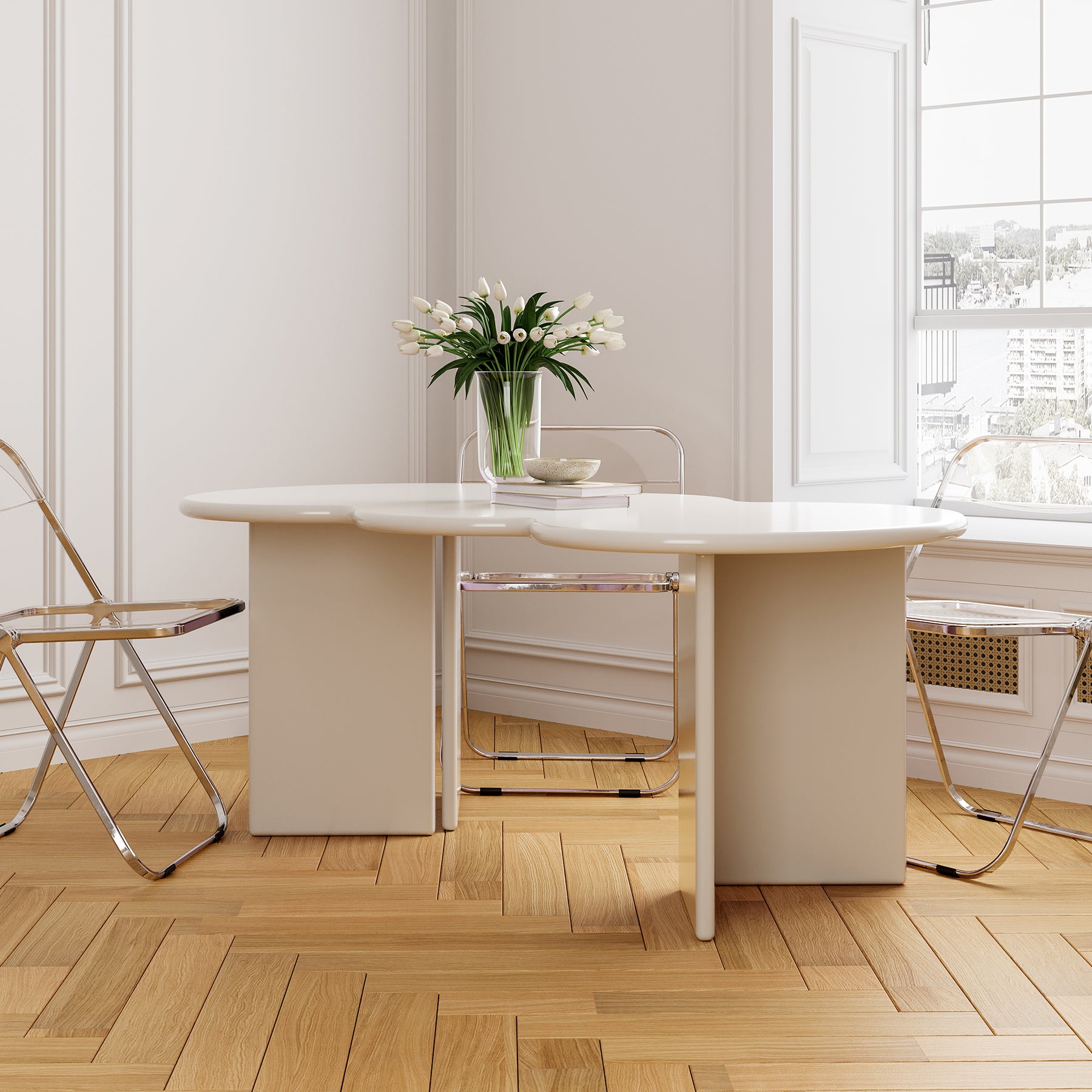 Free Form Solid Wood Dining Table Double Pedestal Furniture in Matte Finish
