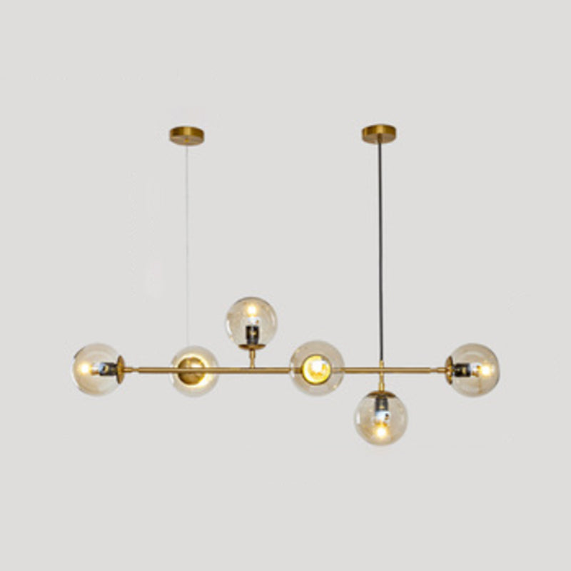 Gold Metal Island Light Modern 6-Head Restaurant Hanging Lamps with Globe Glass Shade