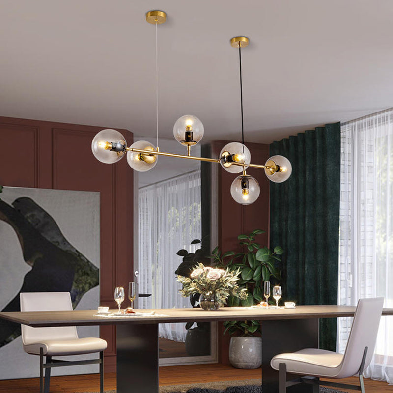 Gold Metal Island Light Modern 6-Head Restaurant Hanging Lamps with Globe Glass Shade