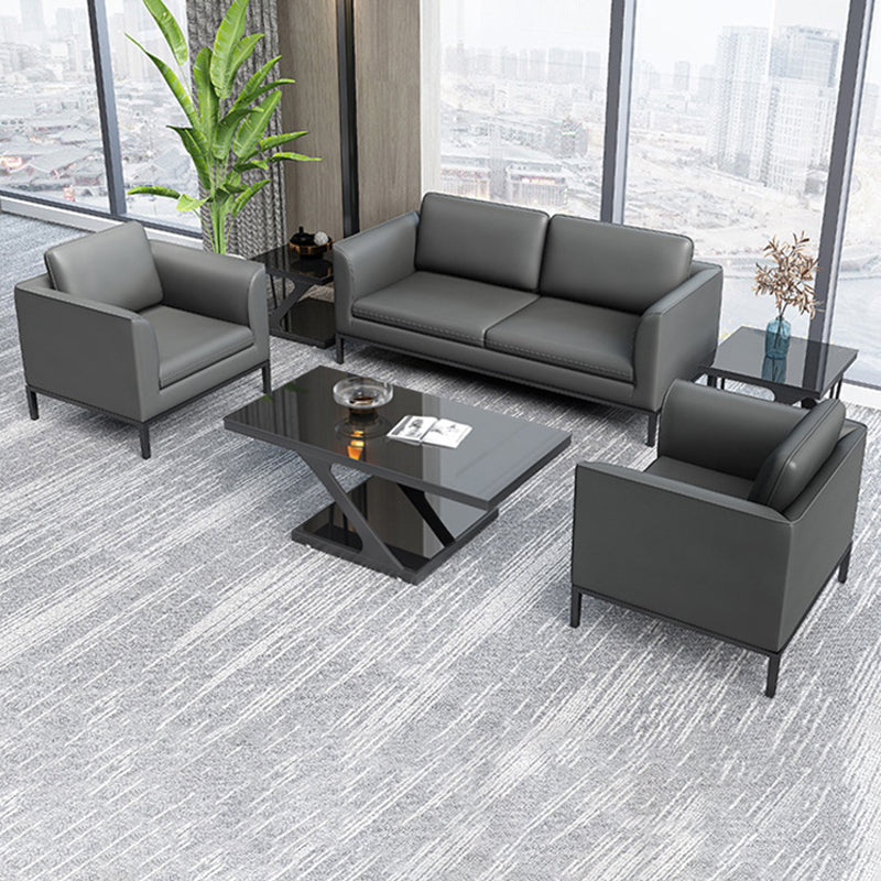 Square Arm Settee Stain-Resistant Leather Couch in Black/Grey