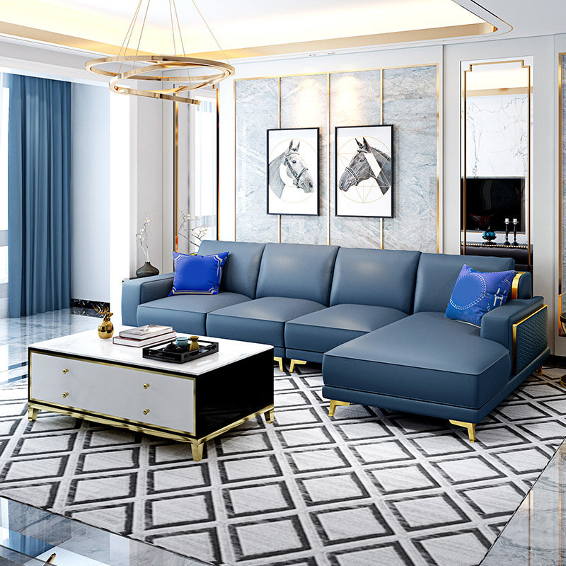 Modern Genuine Leather Sectional Square Arm Sofa with Removable Cushions