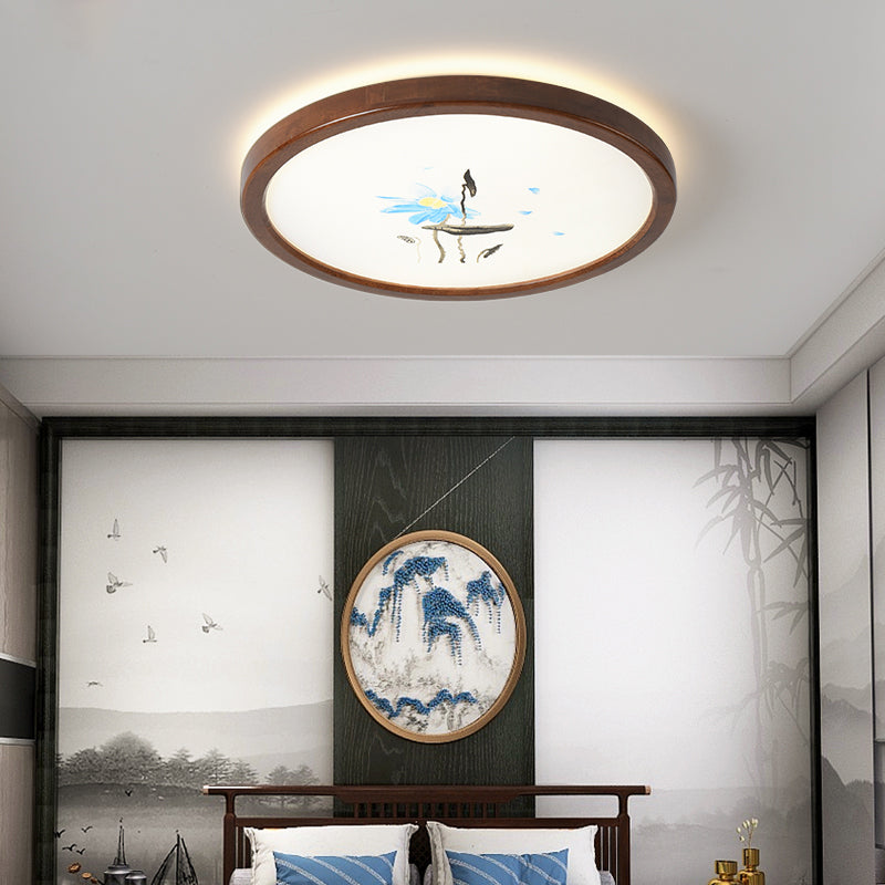 Round Shape LED Ceiling Lamp Modern Wood 1 Light Flush Mount for Study