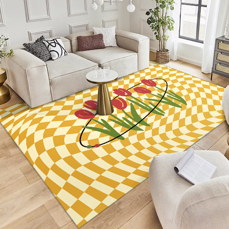 Colorful Lattice Indoor Rug Polyester Area Rug Rectangle Stain Resistant for Living Room