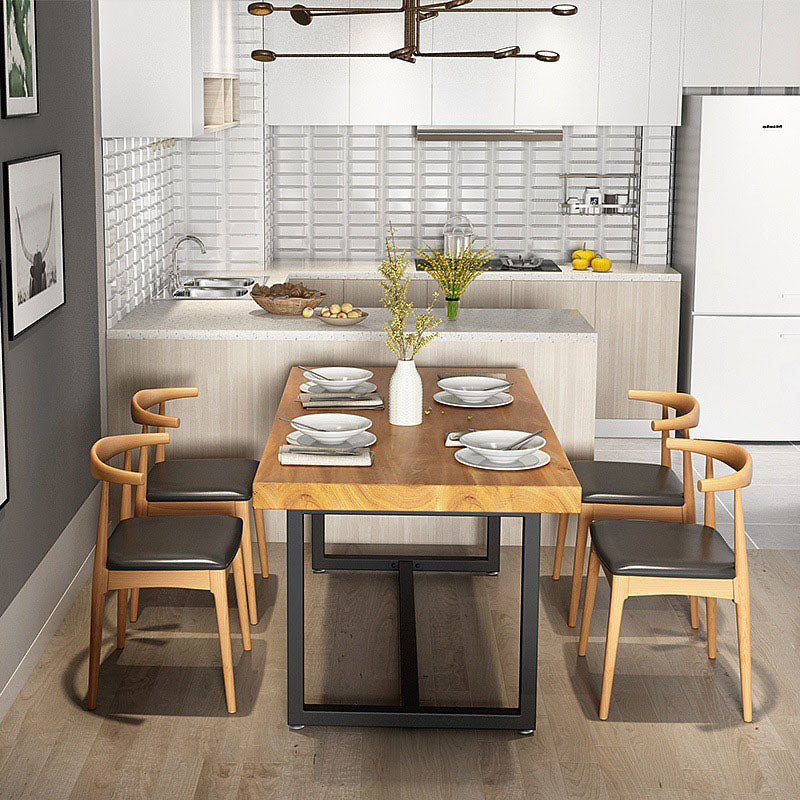 Pine Wood Top Dining Table Industrial Rectangle Table with Trestle Base in Black