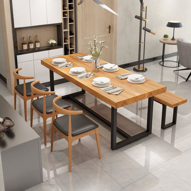 Pine Wood Top Dining Table Industrial Rectangle Table with Trestle Base in Black