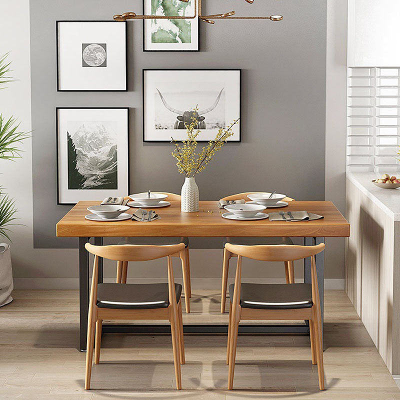 Pine Wood Top Dining Table Industrial Rectangle Table with Trestle Base in Black